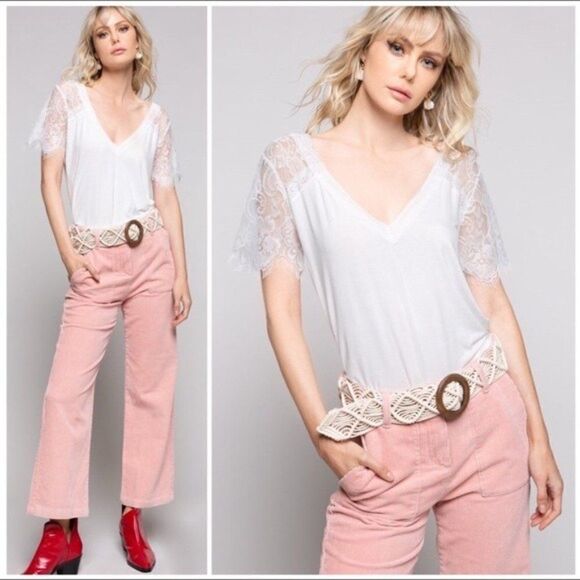 pol White Lace Eyelash Hem Sleeved V-Neck Tee - Picture 9 of 16